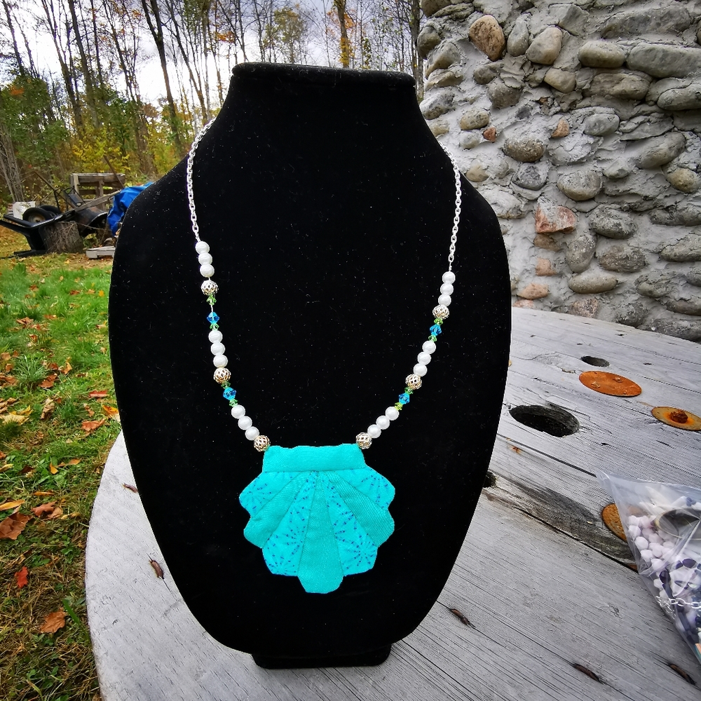 Unique Turquoise Fabric Shell Necklace - Picture 3 of 16